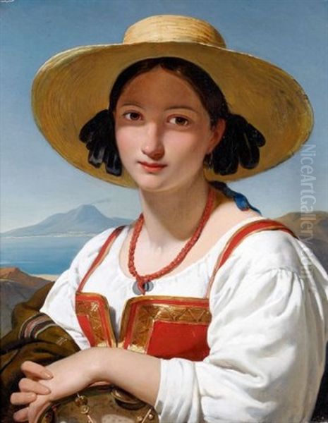 Napolitaine Au Chapeau De Paille Et Collier De Corail Devant La Baie De Naples Oil Painting by Jan Adam Janszoon Kruseman