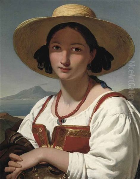 Portrait Of A Neapolitan Girl, With The Vesuvius In The Distance Oil Painting by Jan Adam Janszoon Kruseman