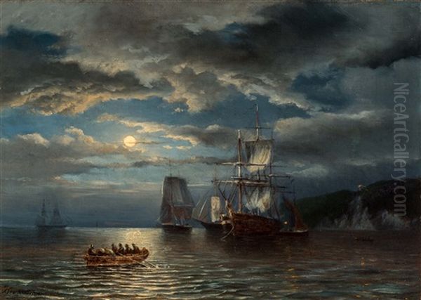 Ships At Anchor Under The Moonlight Oil Painting by Jan Theodoor Kruseman