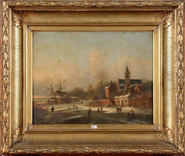 Paysage D'hiver Aux Patineurs Oil Painting by Jan Theodoor Kruseman