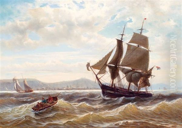 Visserboten Op Woelig Water Voor De Engelse Rotskust Oil Painting by Jan Theodoor Kruseman