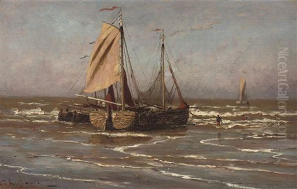 Boats In The Surf Oil Painting by Jan Theodoor Kruseman