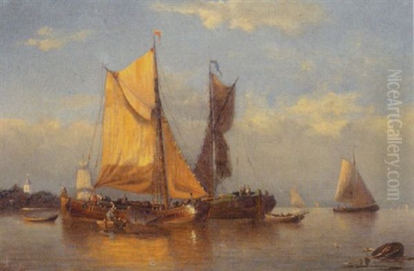 Vessels At Anchor Oil Painting by Jan Theodoor Kruseman