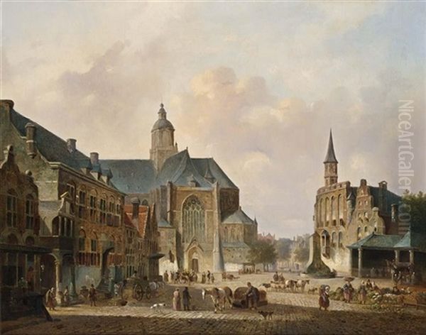 A Busy Day On A Town Square Oil Painting by Cornelis de Kruyff