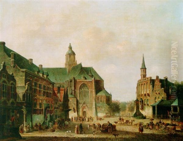 A Busy Day On A Townsquare Oil Painting by Cornelis de Kruyff