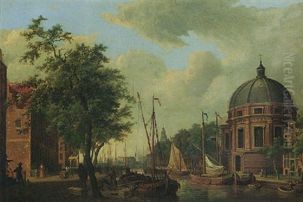 Amsterdam, A View Of The New Round Lutheran Church On The Singel, From The Canal Oil Painting by Cornelis de Kruyff