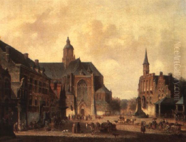 A Busy Day On A Town Square Oil Painting by Cornelis de Kruyff