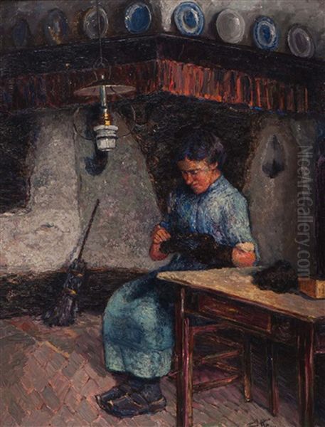 Mending Socks In The Farm Kitchen Oil Painting by Jan Kruysen