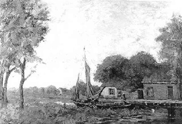 Boerderijtje Aan De Vaart Met Daarvoor Een Zeilscheepje Oil Painting by Cornelius Jacobs Aart Kruyt