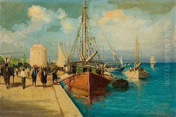 Promenade By The White Tower, Thessaloniki (+ Fishermen On A Beach, Oil On Panel; 2 Works) by Andreas Krystallis