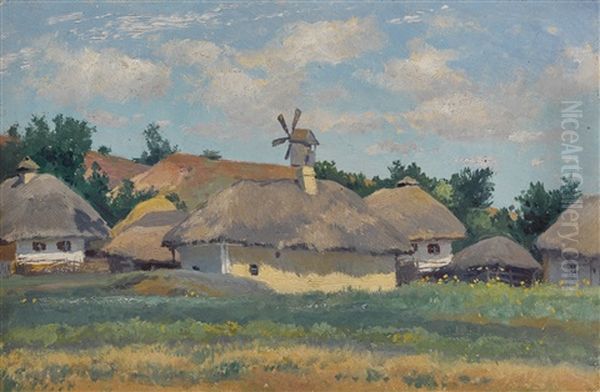 Ukrainian Landscape With Huts Oil Painting by Konstantin Yakovlevich Kryzhitsky