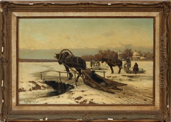 Ice Cutting Oil Painting by Konstantin Yakovlevich Kryzhitsky