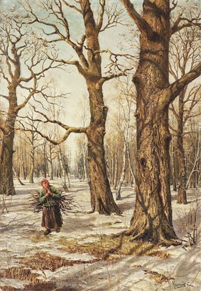 Verschneiter Wald Mit Reisigsammlerin Oil Painting by Konstantin Yakovlevich Kryzhitsky