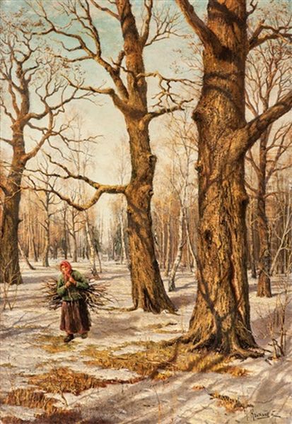 Verschneiter Wald Mit Reisigsammlerin Oil Painting by Konstantin Yakovlevich Kryzhitsky