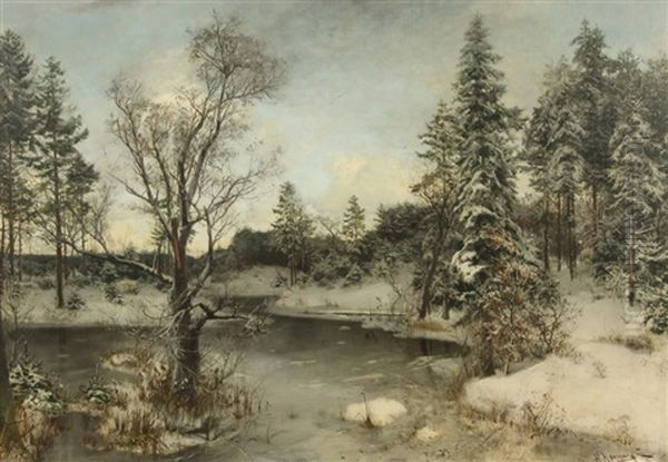 River In The Winter Forest Oil Painting by Konstantin Yakovlevich Kryzhitsky