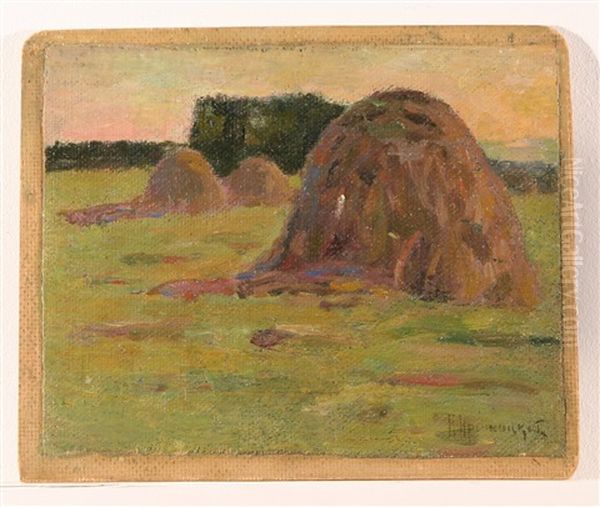 Haystacks In A Field Oil Painting by Konstantin Yakovlevich Kryzhitsky