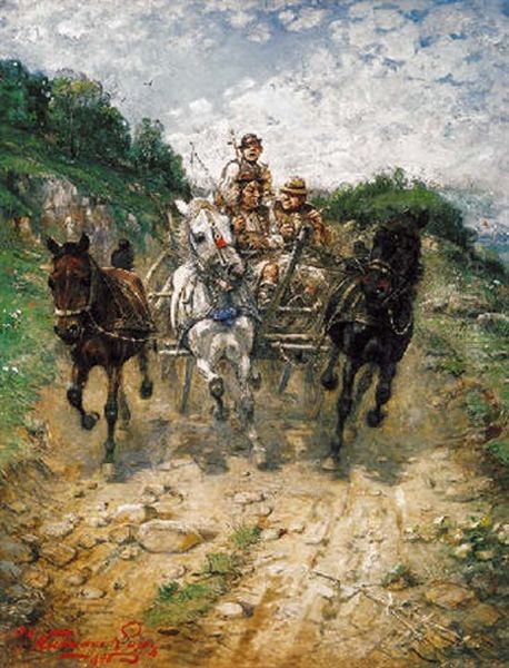 Vagtato Szeker (galloping With The Cart) Oil Painting by Lajos Kubanyi