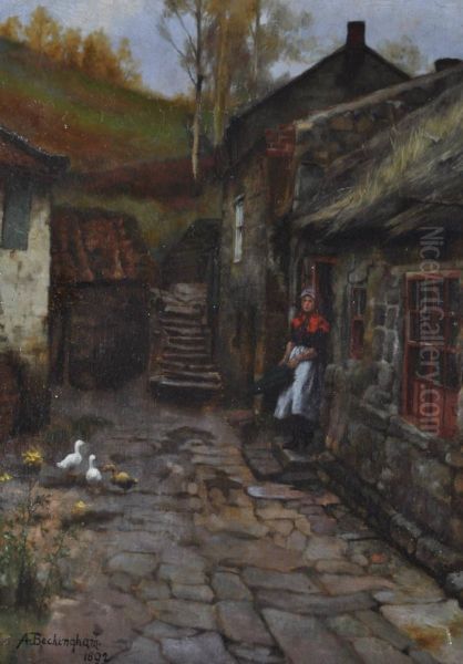 Woman Outside A Farm Cottage Oil Painting by Arthur Beckingham