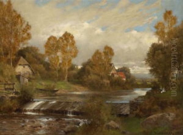 Flusslandschaft Mit Bauernhausern Oil Painting by Erich Kubierschky