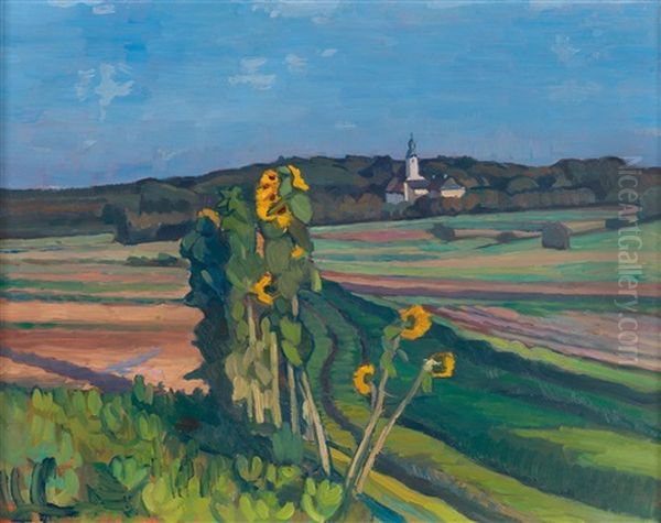 Kirchdorf Mit Sonnenblumen Oil Painting by Karoline Kubin