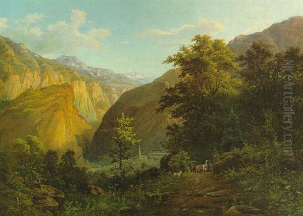 Sommerliche Alpenlandschaft Mit Kutsche Und Ziegen Uber Einer Tiefen Talschlucht Oil Painting by Theodor Kuchel