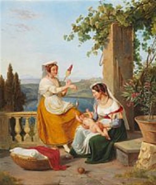 Domestic Scene By Lake Nemi Oil Painting by Albert Kuchler