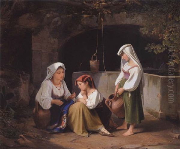 En Aeldre Pige Laerer Tvende Yngre At Bede Pa Rosenkrandsen Oil Painting by Albert Kuchler