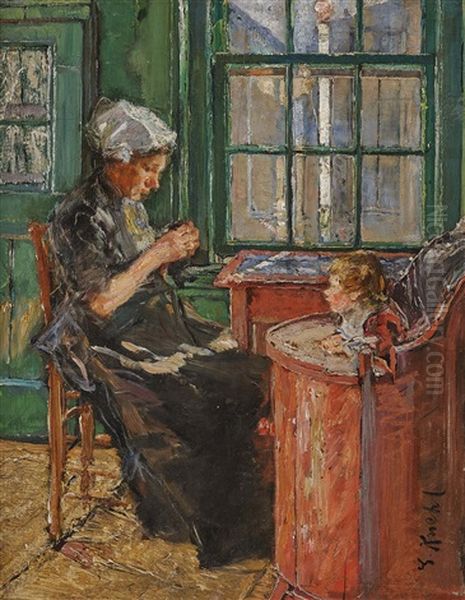 Dutch Seamstress With Child At The Window Oil Painting by Gotthardt Johann Kuehl