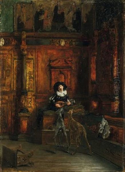 Lautenspieler Mit Zwei Hunden Oil Painting by Gotthardt Johann Kuehl