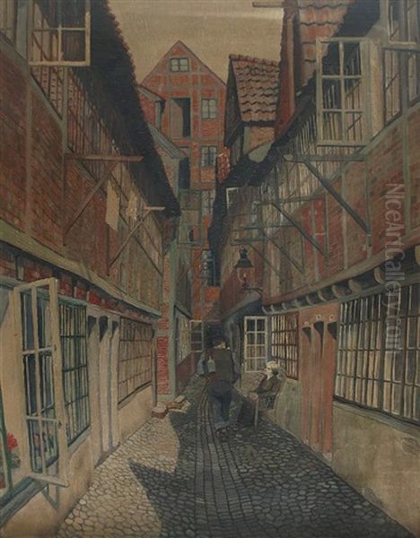 Fachwerkhauser Mit Geoffneten Sommerfenstern In Altstadtgasse Oil Painting by Gotthardt Johann Kuehl