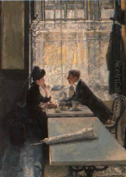 Amoureux Au Cafe Oil Painting by Gotthardt Johann Kuehl