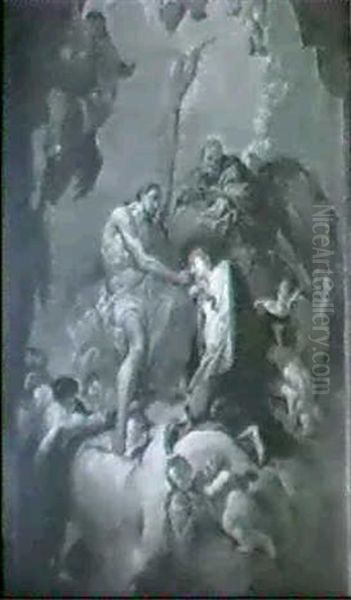 Die Kronung Mariens Durch Christus, Gottvater Und Die Taube Des Hl. Geistes - Umgeben Von Putti Auf Wolken Oil Painting by Frans Martin Kuen