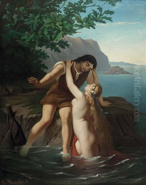 Nereide Und Junger Mann, Im Hintergrund Meereslandschaft by Georg Kugler