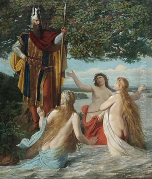 Hagen Bei Den Drei Rheintochtern (szene Aus Dem Ring Der Nibelungen Richard Wagners) Oil Painting by Georg Kugler