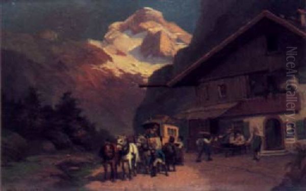 Poststation Im Gebirge Oil Painting by Max Kuglmayr