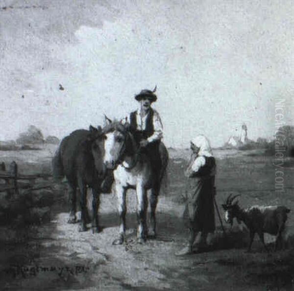 Bauer Zu Pferd Und Bauerin Mit Ziege Auf Einem Feldweg Oil Painting by Max Kuglmayr