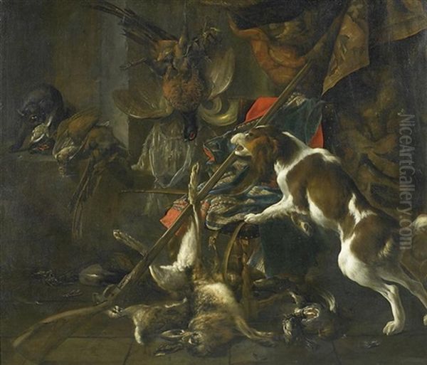 Reiches Jagdstilleben, Mit Erlegtem Wildgeflugel, Hasen Und Flinte Sowie Hund Und Katz, Um Federvieh Streitend Oil Painting by Carl Ludwig Kuhbeil