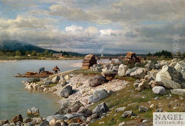 Weite Fluslandschaft Mit Flosern Beim Entladen Oil Painting by Wilhelm Kuehling