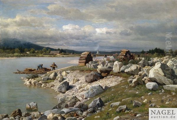 Weite Fluslandschaft Mit Flosern Beim Entladen Oil Painting by Wilhelm Kuehling