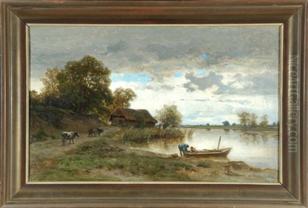 Ruderboot Mit Personen Am Seeufer Und Kuhen Am Uferweg Oil Painting by Wilhelm Kuehling