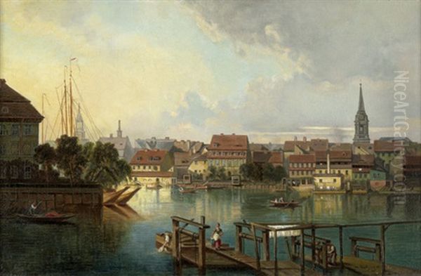 Neu Kolln Am Wasser - Panoramablick Auf Die Nordliche Spreeseite Oil Painting by Wilhelm Kuehling