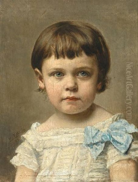 Portrait Eines Kleinen Madchens Mit Weisem Spitzenkleid Und Blauer Schleife Oil Painting by Wilhelm Kuehling