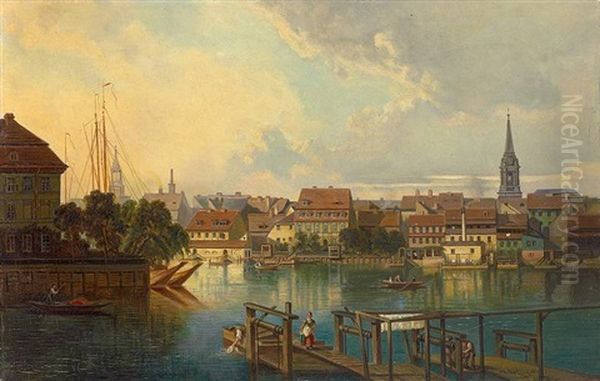 Berliner Ansicht. Das Schonfarberufer Mit Wascherinnen Und Booten Auf Dem Fluss Oil Painting by Wilhelm Kuehling