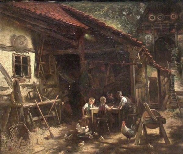 Sonnendurchflutete Ansicht Eines Gehofts Mit Einer Bauernfamilie Bei Der Vesper Oil Painting by Conrad Beckmann