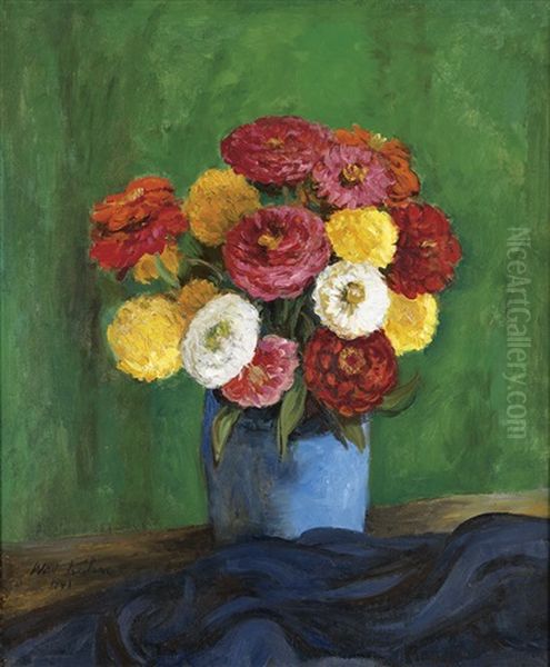 Still Life With Zinnias In A Blue Vase Oil Painting by Walt Kuhn