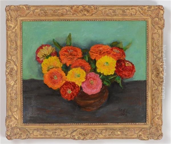 Zinnias In Brown Crock Oil Painting by Walt Kuhn