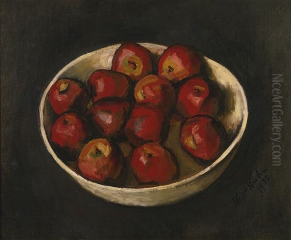 Red Apples In Wood Bowl Oil Painting by Walt Kuhn