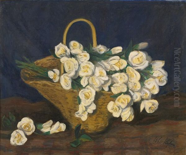 White Roses In Basket Oil Painting by Walt Kuhn