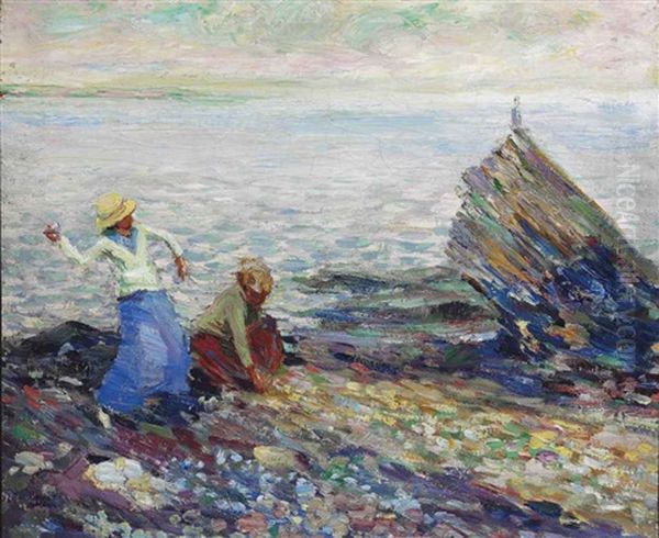 Two Women Throwing Rocks By Seashore Oil Painting by Walt Kuhn