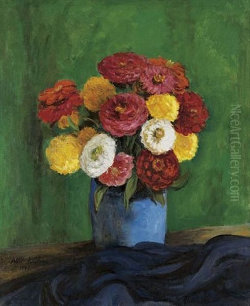 Still Life With Zinnias In A Blue Vase Oil Painting by Walt Kuhn